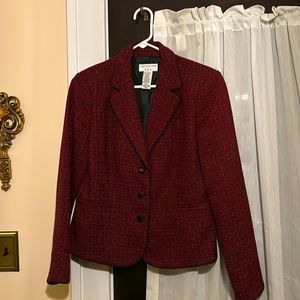 Covington women’s tweed red, black suit jacket and trim, with gold threading